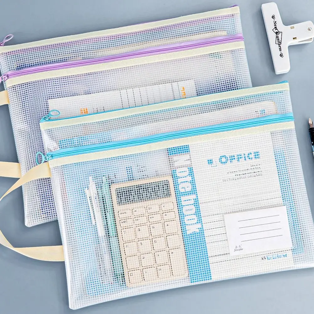 Portable A3/A4 Document Bag Transparent Waterproof Classification File Bag Zipper School Office Supplies Mesh Storage Bag