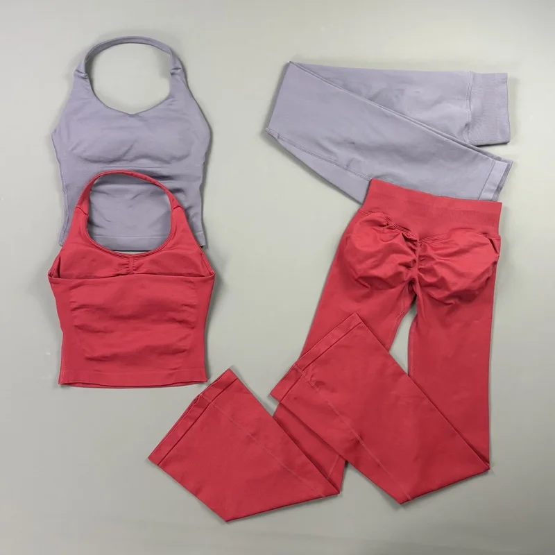 Seamless Flare Leggings Set Sports Sleeveless Halter Workout Sets Tummy Control Flared Pants Suit Gym Fitness Casual Streetwear