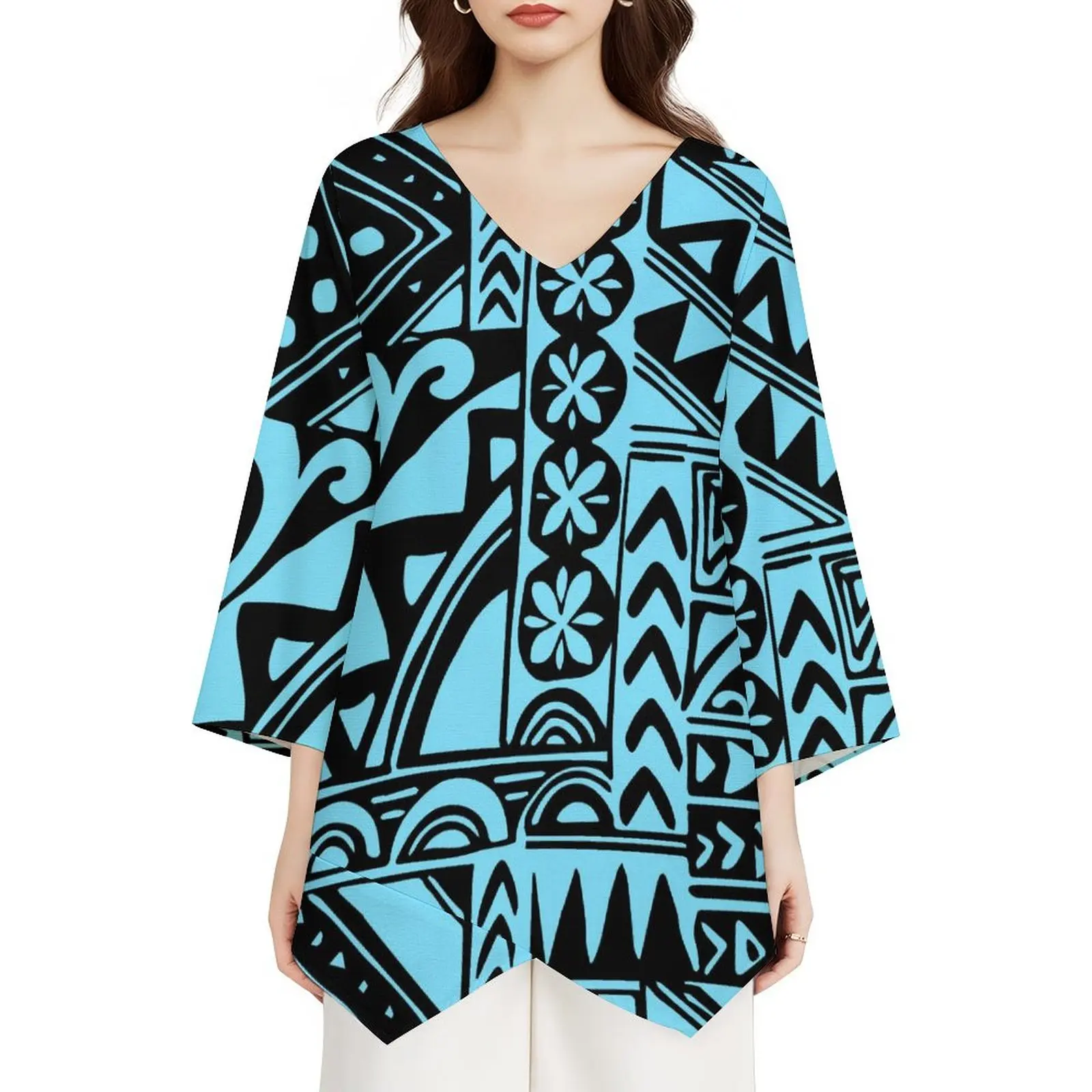 Factory Wholesale Price Custom Ladies V-neck Short Sleeve T-shirt Polynesian Style Print Casual Quick Dry Tshirt