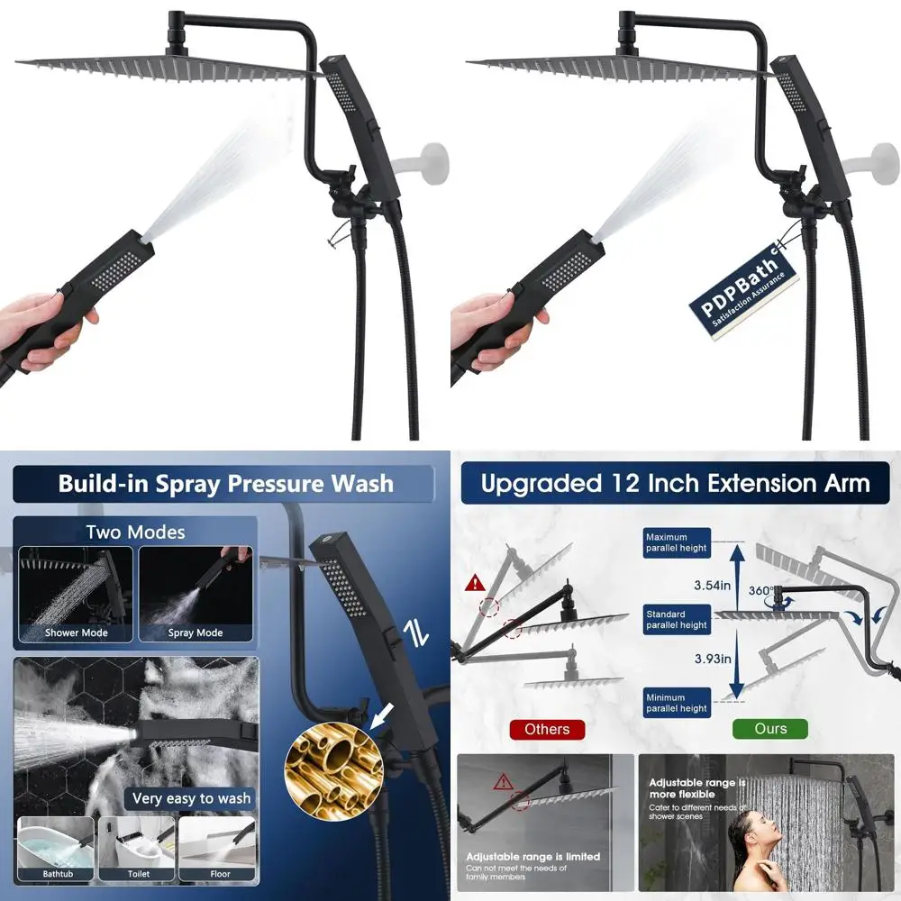 12 Matte Black High-Pressure Rainfall Shower Head with Handheld, Adjustable Z-Arm, 79 Hose, 3-Way Diverter