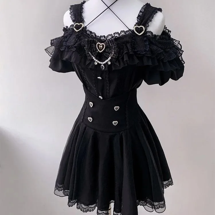 GothicLolita Skirt Set Women Black Lace Ruffled High Waist Corset Top Skirt Suit Vintage Elegant French Style Maid Outfit Summer