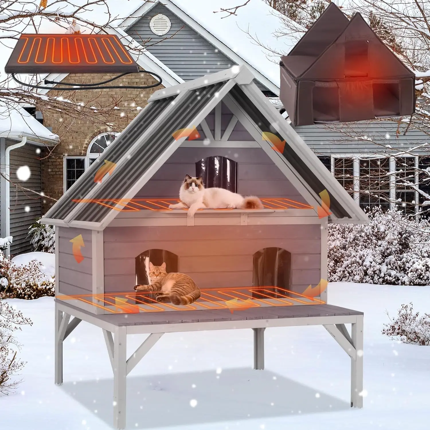 

Large Heated Cat House for Outside, 2-Story Insulated Cat House with Heating Pad, Weatherproof Feral Cat Shelter, Customized