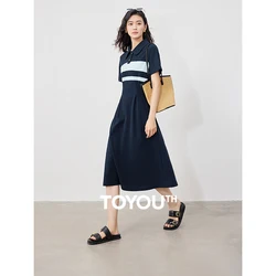 TOYOUTH Women Polo Dress 2024 Summer New Contrasting Striped Turn Down Collar Ankel Length Fitting Dress