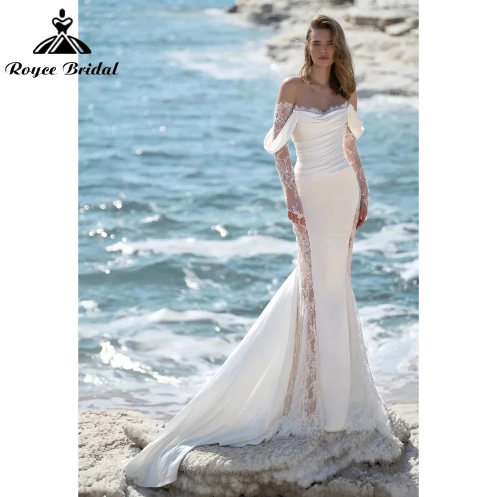 

Roycebridal пляжное кружевное и атласное свадебное платье русалки без бретелек с открытыми плечами и длинными рукавами, 2025, индивидуальное платье Vestidos De Novia