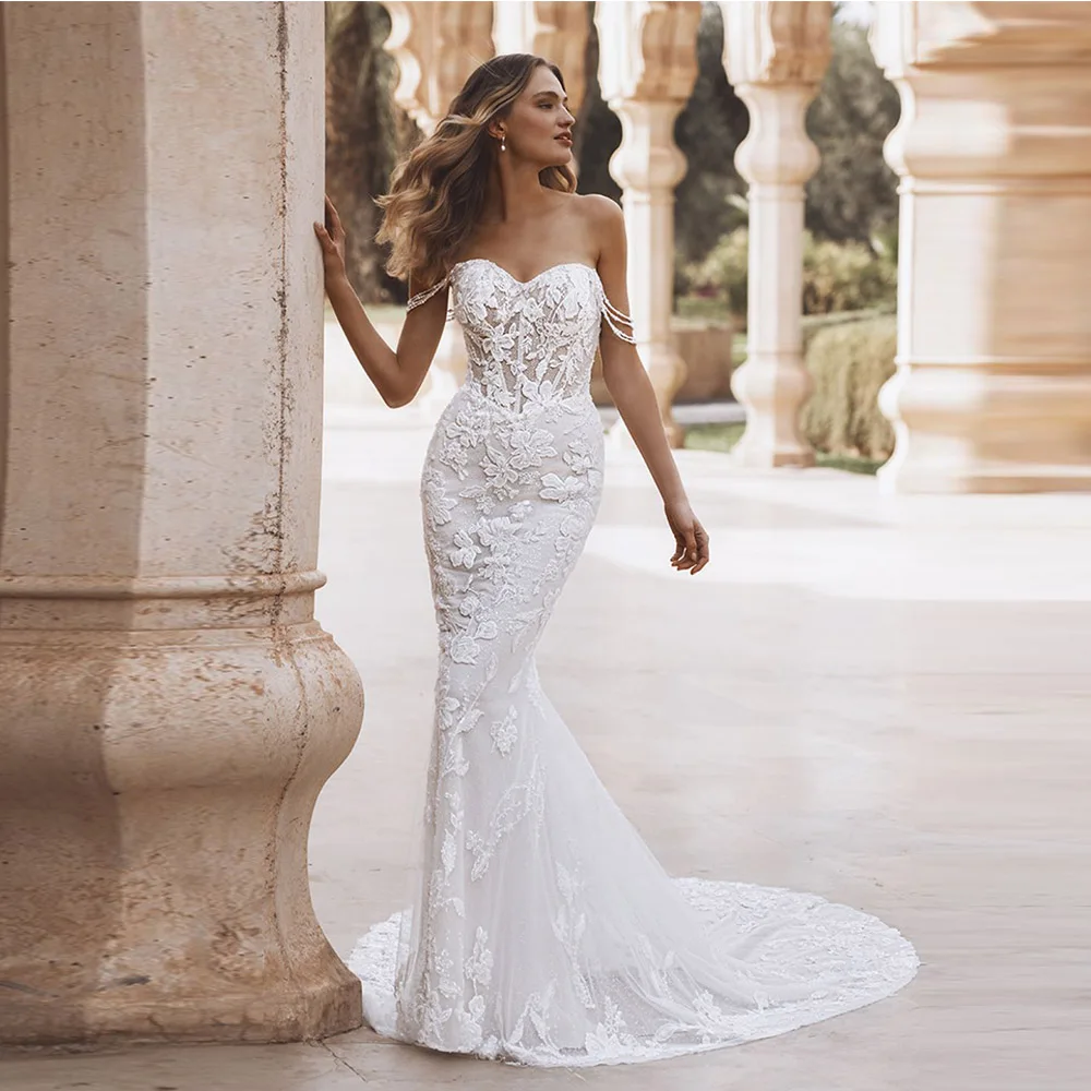 맞춤형 고급 인어 웨딩 드레스 여성용 스위트하트 버튼 레이스 아플리케 약혼 파티 웨딩 드레스 2025