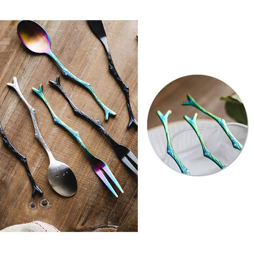 Juego de Cubiertos de Acero Inoxidable Vintage Negro de 3 Piezas, Cuchara, Tenedor y Cuchillo con Diseño de Rama, Cubiertos Elegantes y Pesados para Comer, Hacer Picnic y Viajar