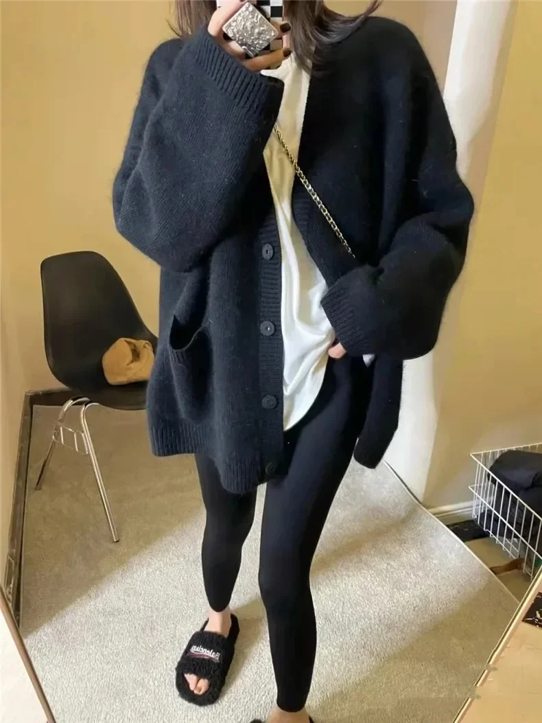 

Черный повседневный свободный базовый тонкий кардиган женский осенний новый однотонный простой женский кардиган вязаный модный шикарный женский топ