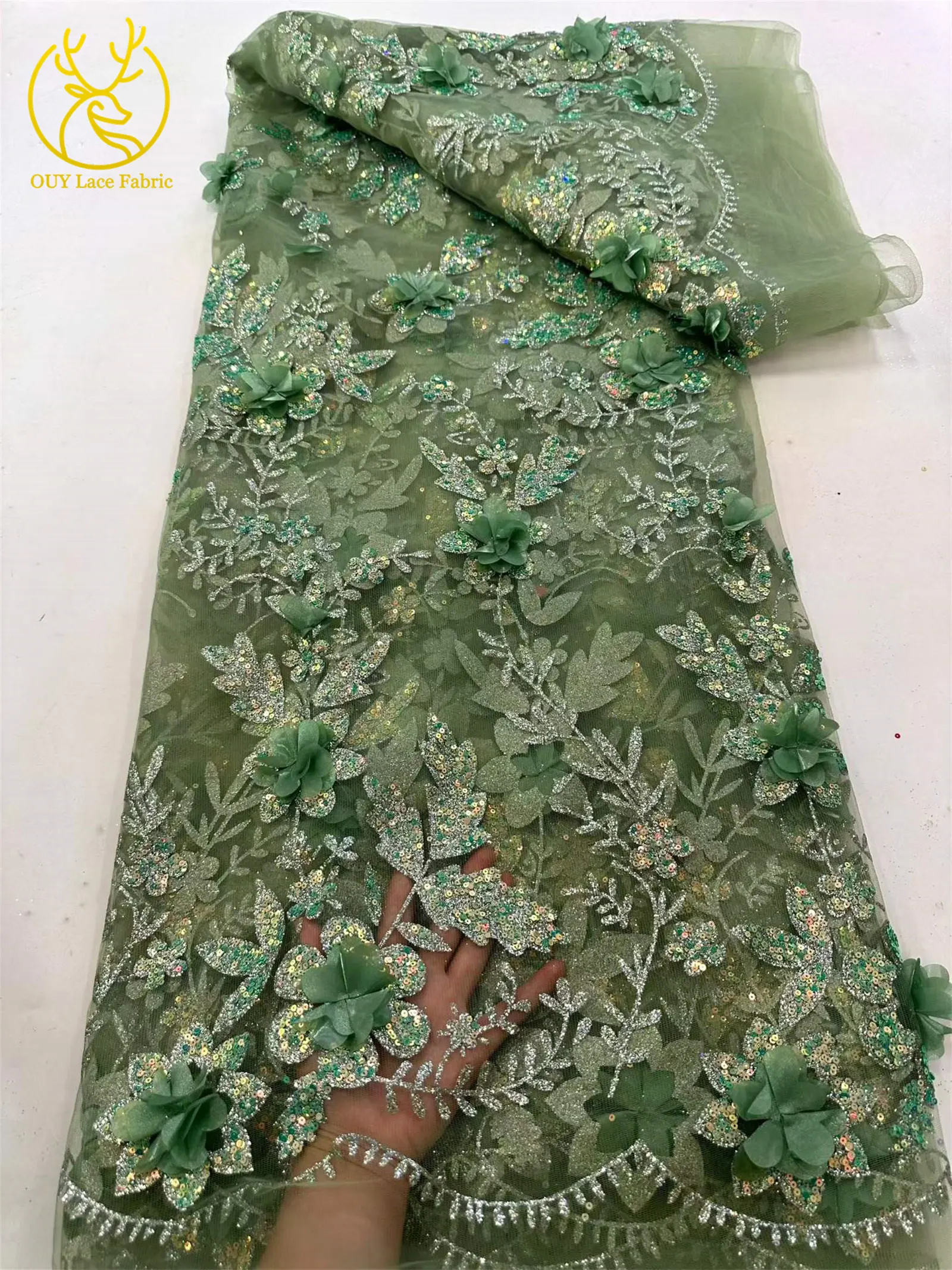 3D-Blumen Afrikanischer Spitzenstoff Roter Nigerianischer Pailletten-Spitzenstoff 2026 Hochwertiger Französischer Tüll-Spitzenstoff für Hochzeitskleider – Detail 7