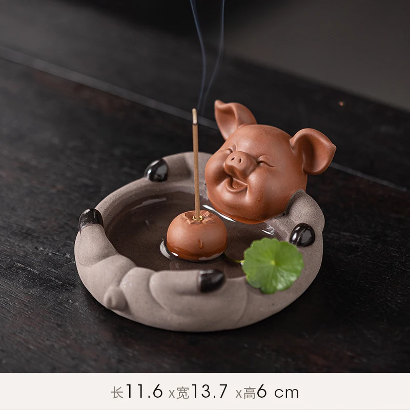 May All Things Go Well: Cute Purple Clay Piggy Holder, Sandalwood Burner, Tea Room Incense Stand, Aromatherapy B