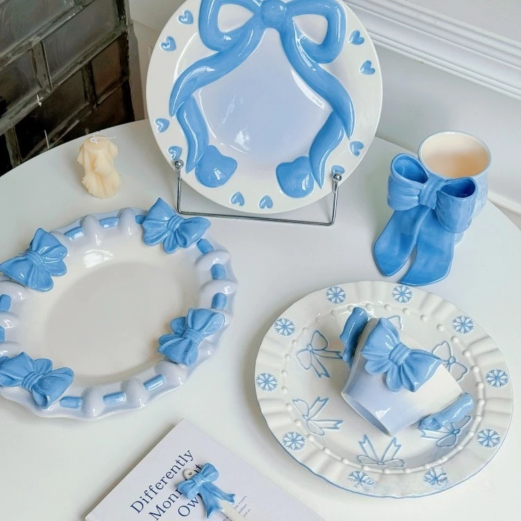 Bow underglaze tableware French romantic relief three-dimensional ceramic plate plate bowl dessert plate gift