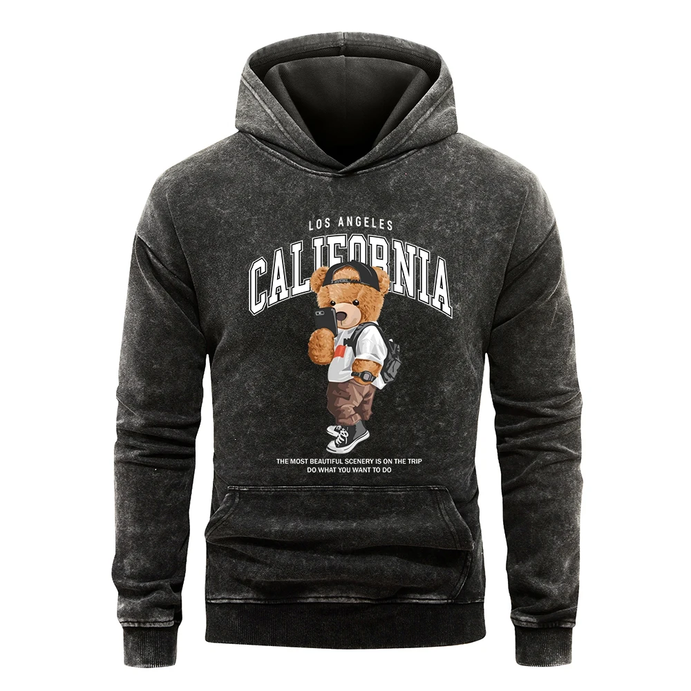 California Letter Street Bear Print Men Washed Hoodies Fashion Distressed Hoody Cotton Multicolor Clothing All-Match Casual Top