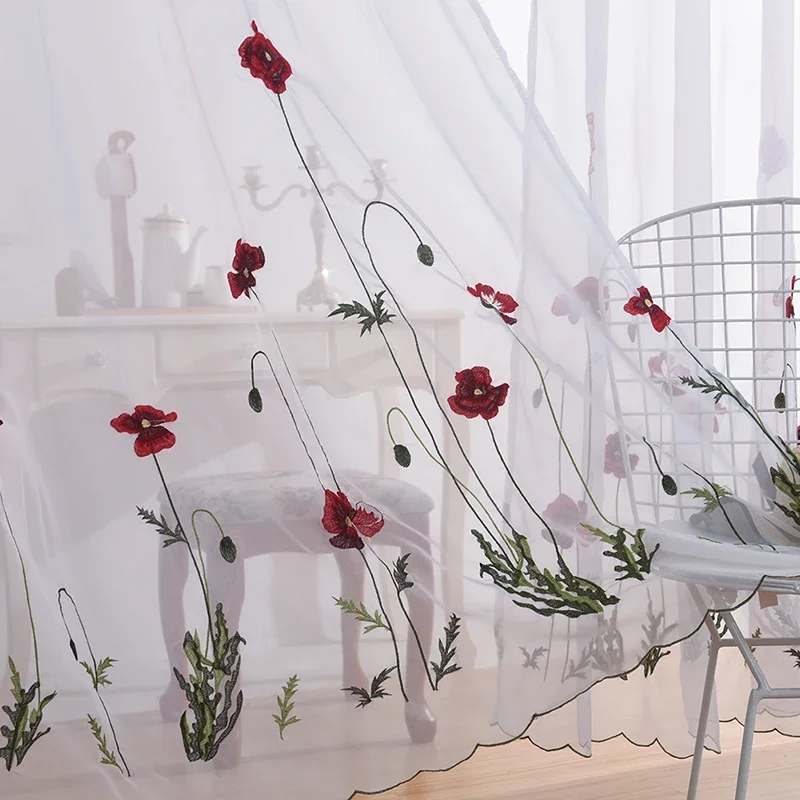 2023 new White Sheer Embroidered Red Flower Curtains Tulle for Living Room Simple Pastoral Window Screen Voile Curtain