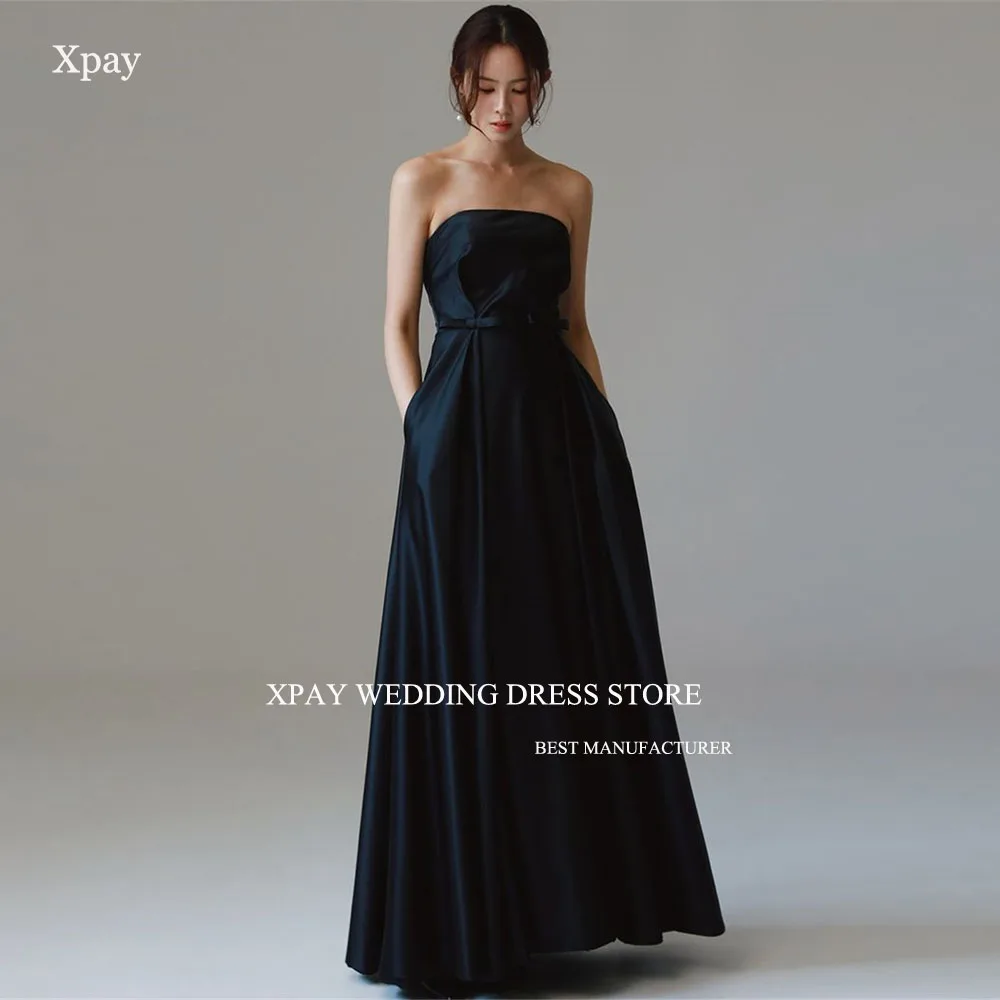 

XPAY Black Simple Evening Party Dresses Elegant A-line Strapless Prom Gown Draped Sleeveless Photo Shooting Dress Custom Made