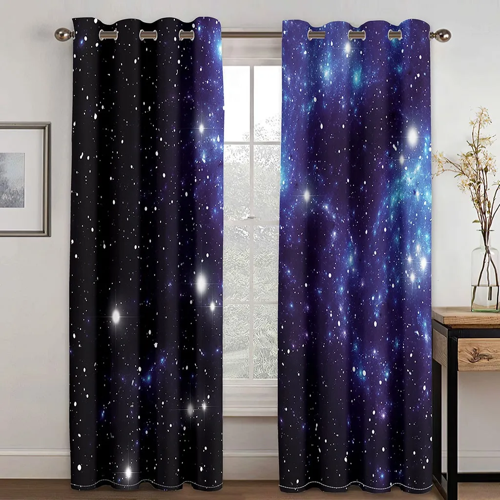 3D Cheap Blue Stars Galaxy Space Psychedelic Starry Sky 2 Pieces Shading Window Curtains for Living Room Bedroom Home Decor Hook