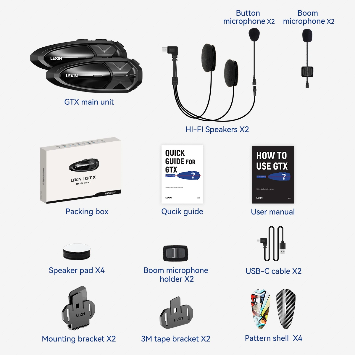 Lexin LX-GTX Intercom Motorcycle 2 Casques Bluetooth One Button