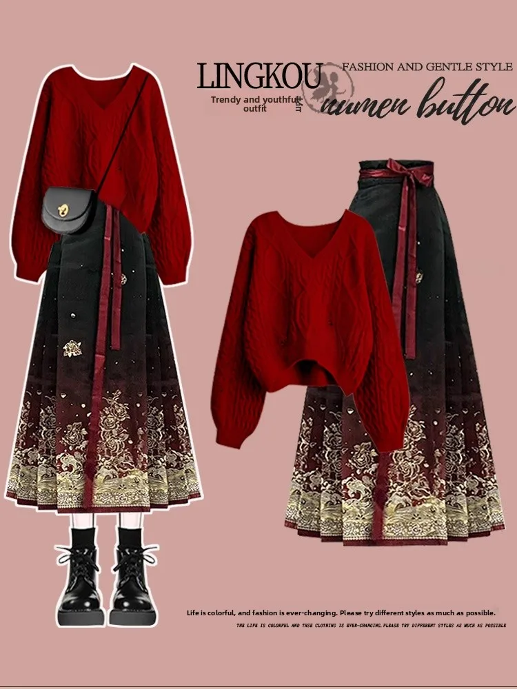

plus Size Christmas Themed Slimming Red Sweater And Face Skirt Set Women's Fashion Autumn Winter Two Piece Ensemble