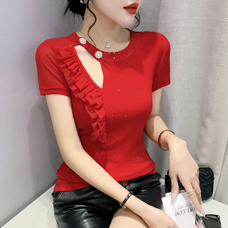 Black Summer Korean Style Mesh T-Shirt Chic O-Neck Ruffles Shiny Women Tops Short Sleeve Sexy Hollow Out Casual Tees New 431912