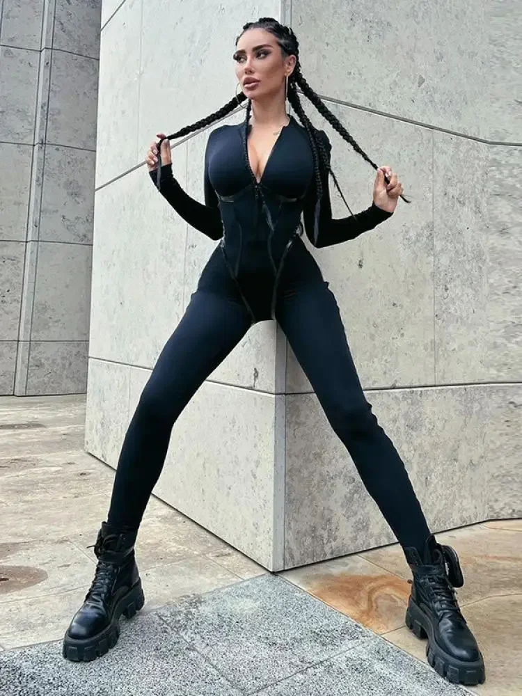 Oshoplive Female Fashion Solid Color Zipper V-Neck Jumpsuits 2024 New Spring Autumn Long Sleeves Fitness Yoga Skinny Jump Suits