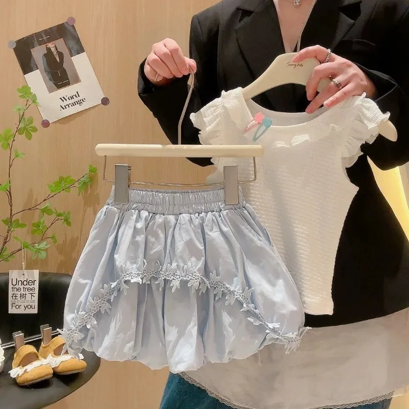2026 Girls Korean Style Summer Set New Item for Womens Treasures Sweet Ruffle Edge Sleeveless Top and Shorts Two Piece Set
