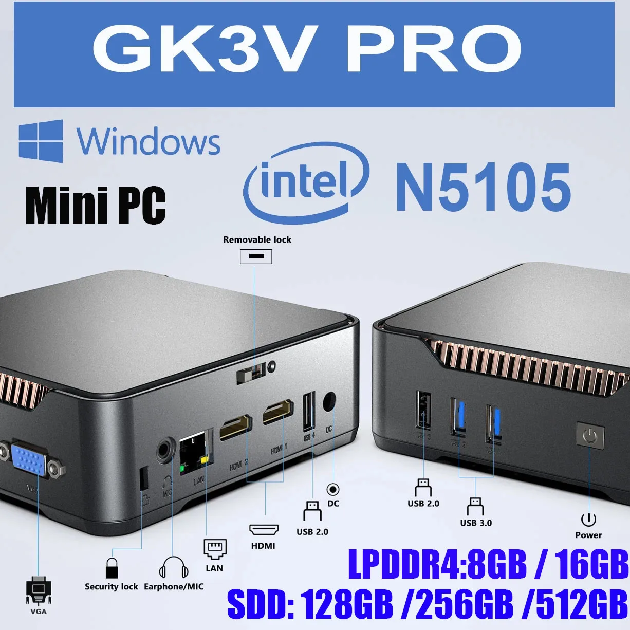 GK3V Pro Intel Celeron N5105 Mini PC, Ordinateur Gamer, Windows 11, DDR4, 8 Go, 128 Go SSD, Touriste, WiFi, BT 4.2, 1000M, LAN, 4K, VGA, 16 Go, 512 Go