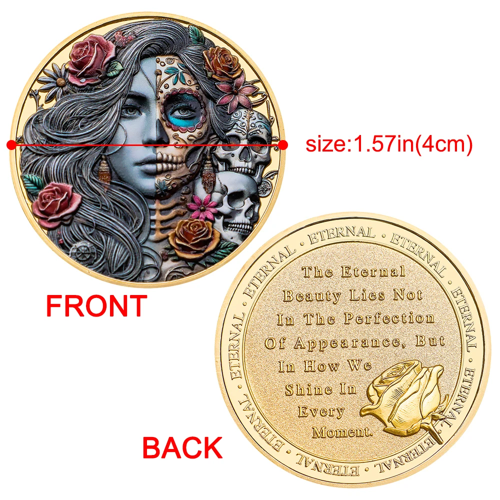 Skull Rose Color Printing Commemorative Metal Coin Round Double Golden Plated Coins Art Collection Home Decorations