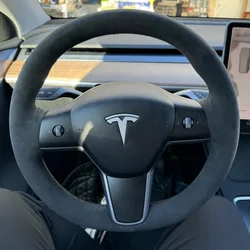 Hand Stitch Sewing For Tesla Model 3 Tesla Model Y High Quality Soft Comfortable Black Suede Car Steering Wheel Cover Wrap