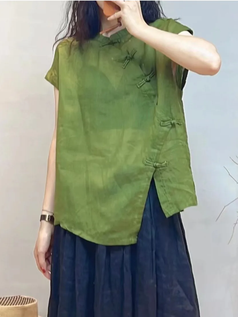 

Pure Color Flax irt Женский летний легкий дышащий китайский топ на пуговицах с асимметричным принтом ort Sve Top