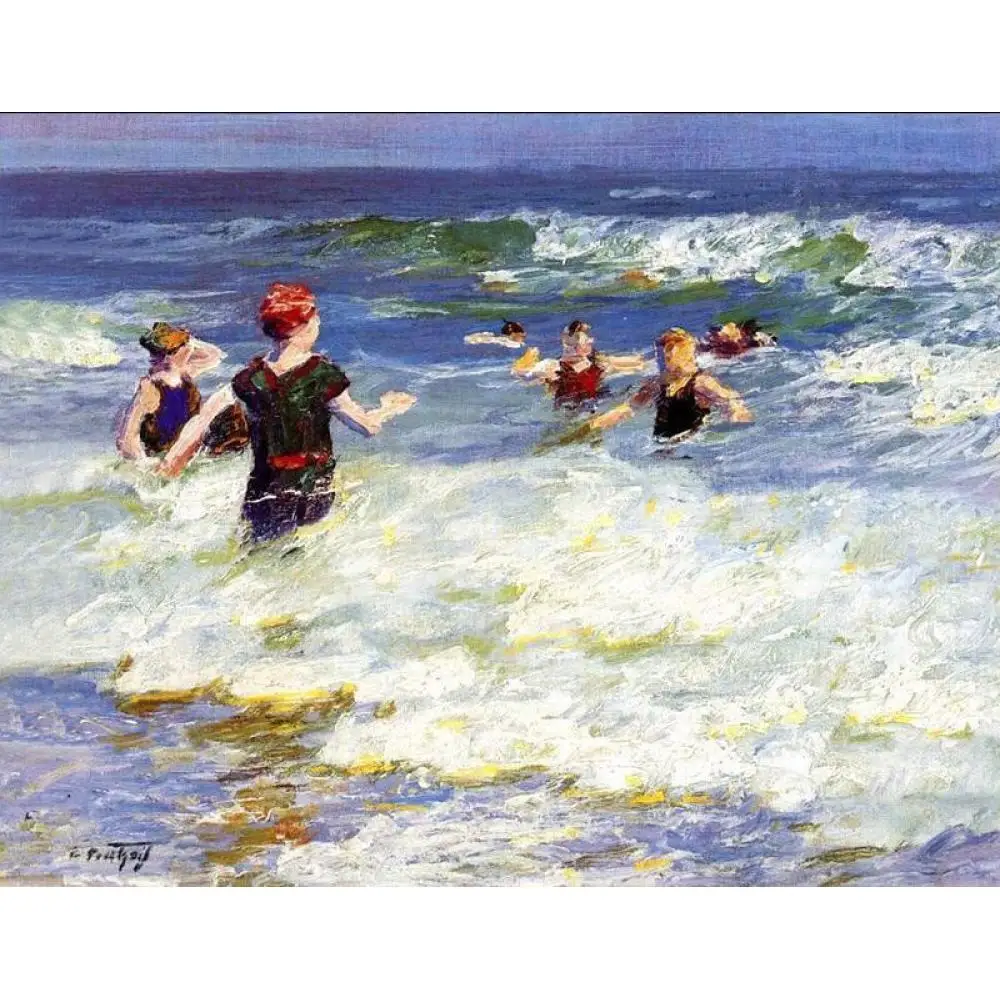 

Beach Painting Canvas Wall Art Handmade Edward Henry Artwork Potthast In the Surf Modern Seascape Picture for Bathroom Decor