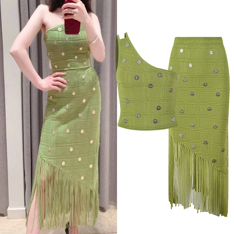 

High-End Version S Home Summer ort Knitted ter Ne Tassel Trim Skirt Ele oulder Strap Design Faionable Skirt