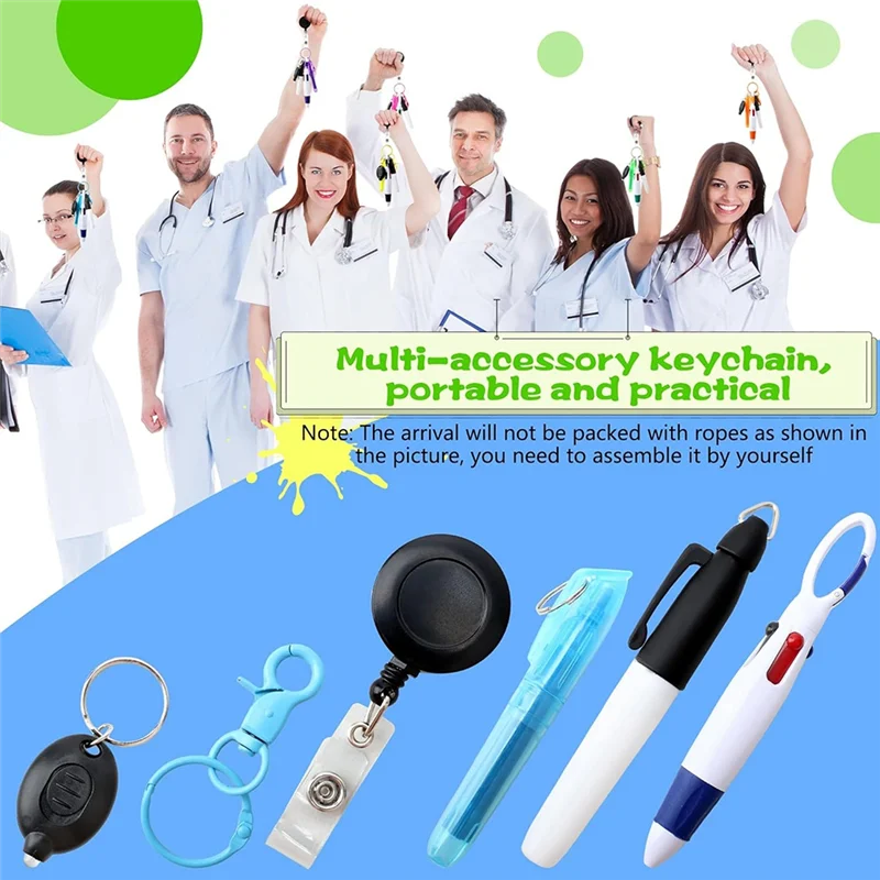 【hot-cake】8pack-badge-reel-pen-retractable-shuttle-pen-with-mini-marker-pen-flashlight-key-ring-retractable-badge-holde