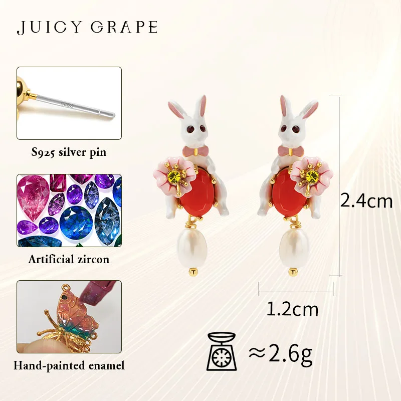 Juicy Grape 925 Silver Needle Earrings For Women Enamel Rabbit Artifical Zircon Drop Earrings Fine Jewelry Fashion Party Gift