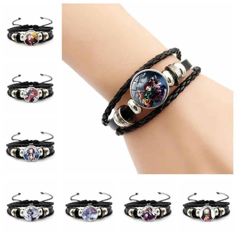 Anime Peripherals Demon Slayer Braided Bracelet Kamado Nezuko Time Gem Glass Handmade Leather Weave Couple Bracelets Wholesale