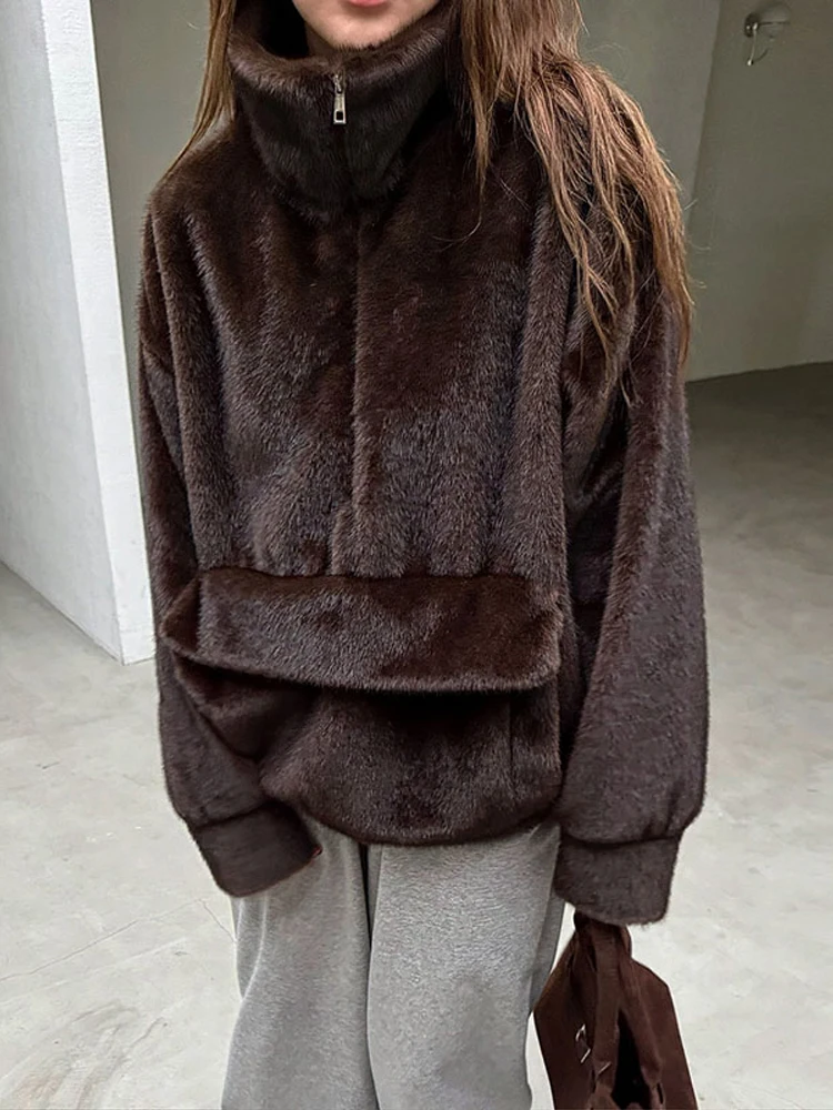 

Loose Brown Faux Fur Coat Women Polo Collar Pocket Full Sleeve Thick Warm One-pieces Jackets 2026 Winter Autumn Lady New Outwear