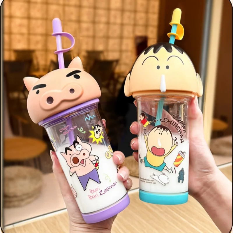 500-600ml Anime Crayon Shin-chan Cute Big Head Cup Student Large Capacity Portable Straw Cup Heat-resistant Plastic Watercup