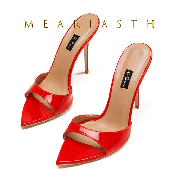 

red patent leather women high heel mule shoes flip flop slippers ponited peep toe casual ladies slip on slides comfortable shoes