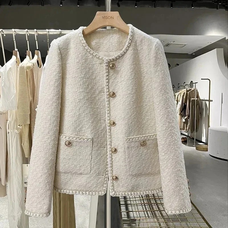 Chaqueta de lana con cuello redondo para mujer, abrigo corto de Tweed para oficina, primavera y otoño, estilo coreano, novedad