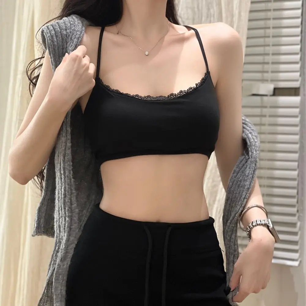 New Butterfly Embroidery Backless Butterfly Vest Built In Pad Hollow Out Padded Camisole Lace Trim Innerwear Tank Top Women