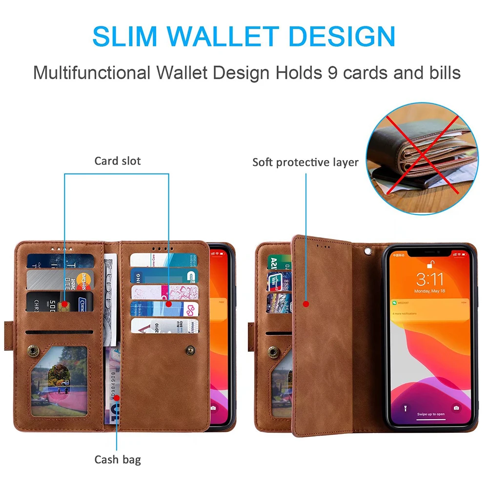 9 Cards Wallet Case for Huawei Enjoy 8 Plus Phone Case Card Slot Zipper Flip Folio with Wrist Strap for Huawei Y8 2019