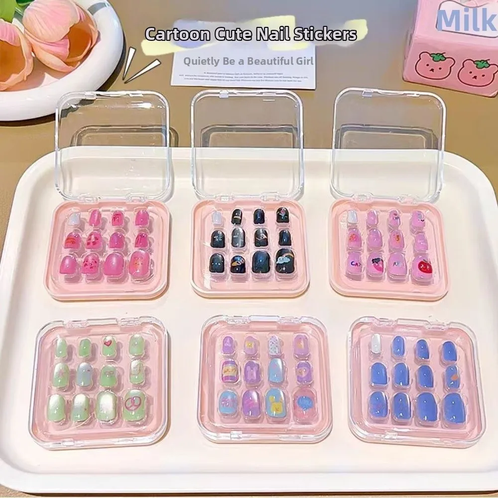 12pcs Cartoon Children Wearing Nails Detachable Jelly Gel Press on Nail Cherry Bow Waterproof Long Nail Sticker Girls Students