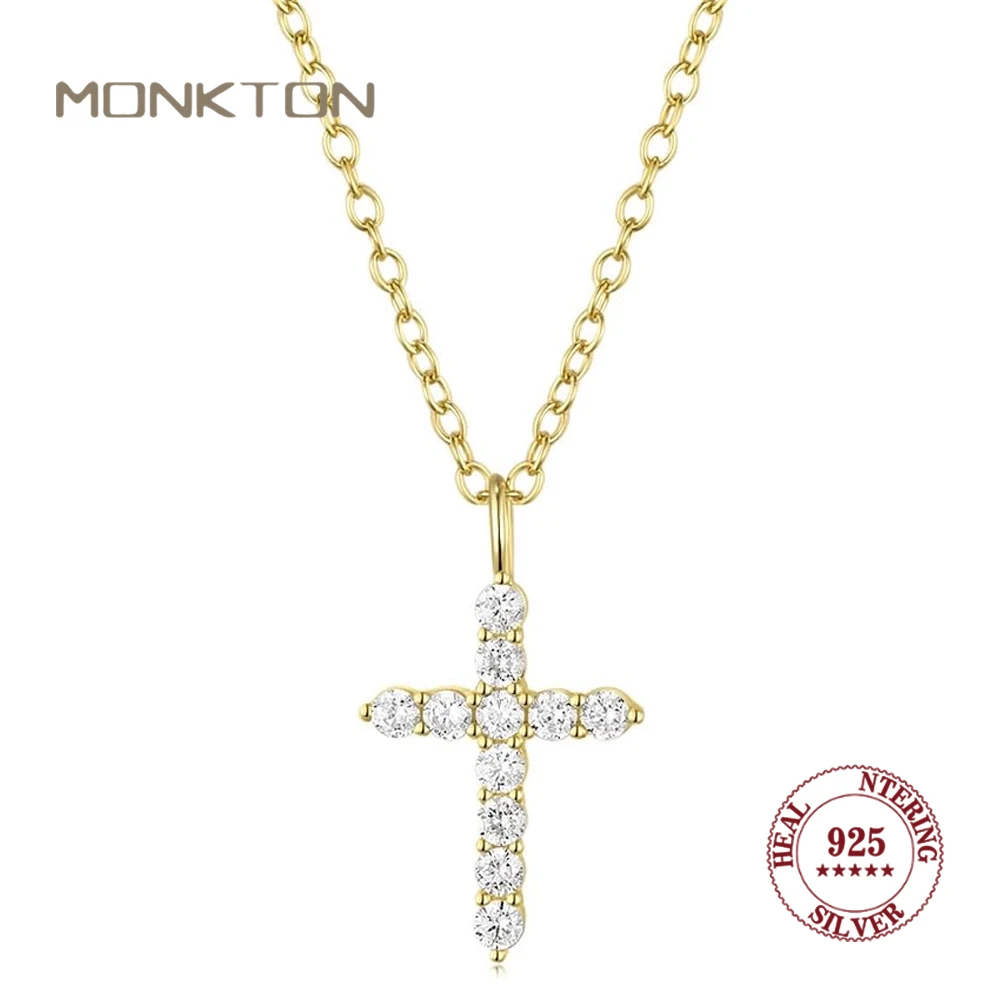 Monkton-collares de plata de ley 925 con Cruz para mujer, cadena delicada chapada en oro de 14 quilates, collar con colgante de Cruz de circonia cúbica pequeña