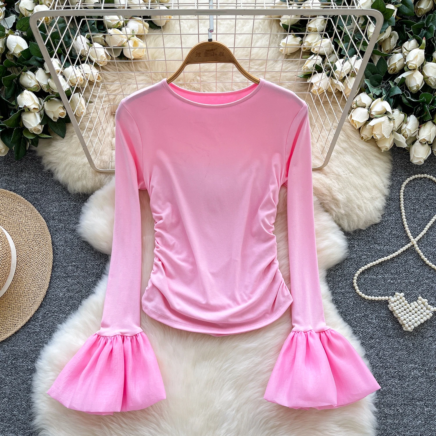 

Elegant Sexy O-neck Basics solid flare sleeve Chic Top Women Korean Fashion High Street Autumn Clothing