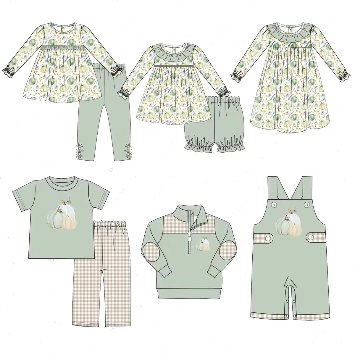 Thanksgiving Day boutique children set long-sleeved elastic pumpkin print shorts girl boy plaid trousers set baby romper dress