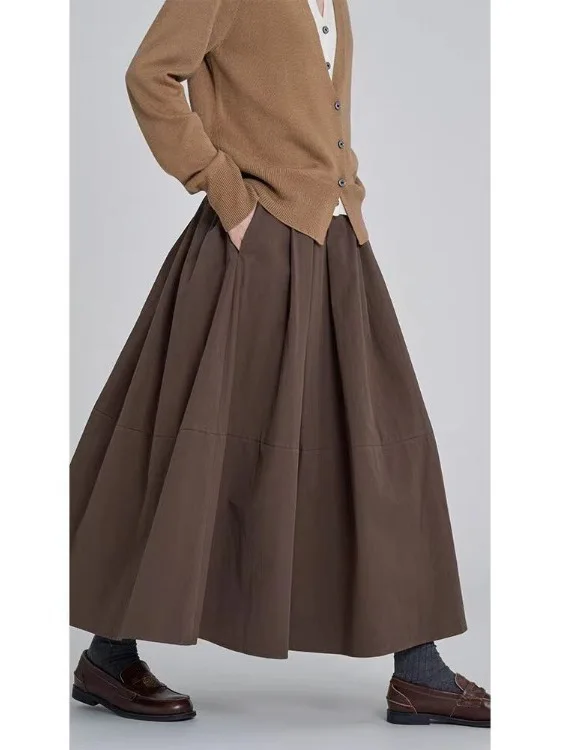 

High Waist Pure Color Pleated Skirt Women's 2025 New Early Autumn Retro Slim A-Line Umbrella Skirt Casual Versatile Long...