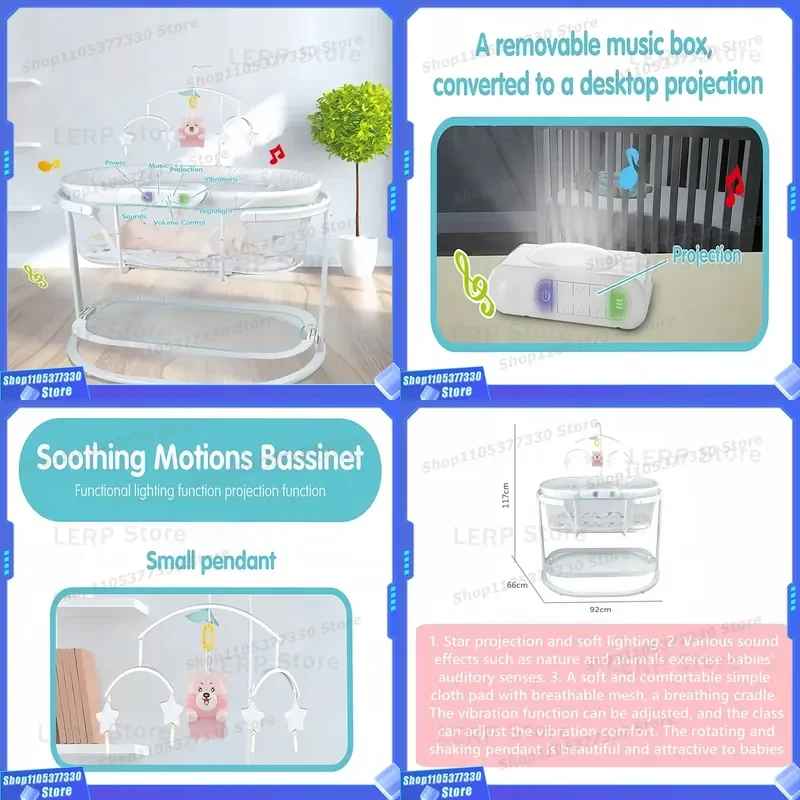 Newborn Baby Swing Crib with Music Projection and Vibration Foldable Cradle Bed for Infants Portable Sleeping Bassinet Safe