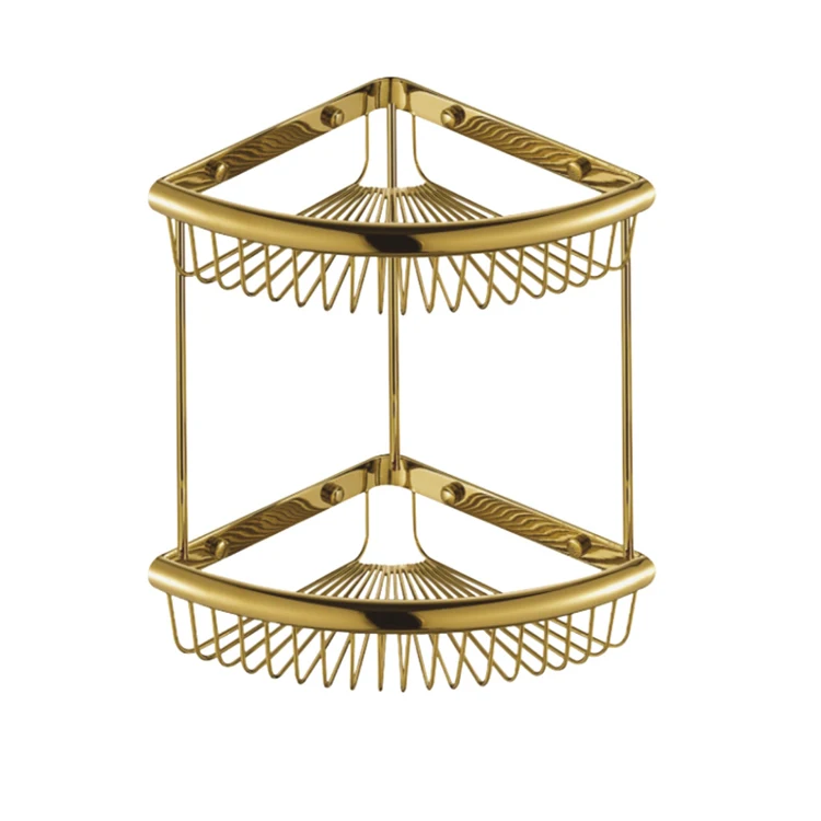 Double Layer Brass Plated Storage Shelves Bathroom Shower Antique Corner Basket
