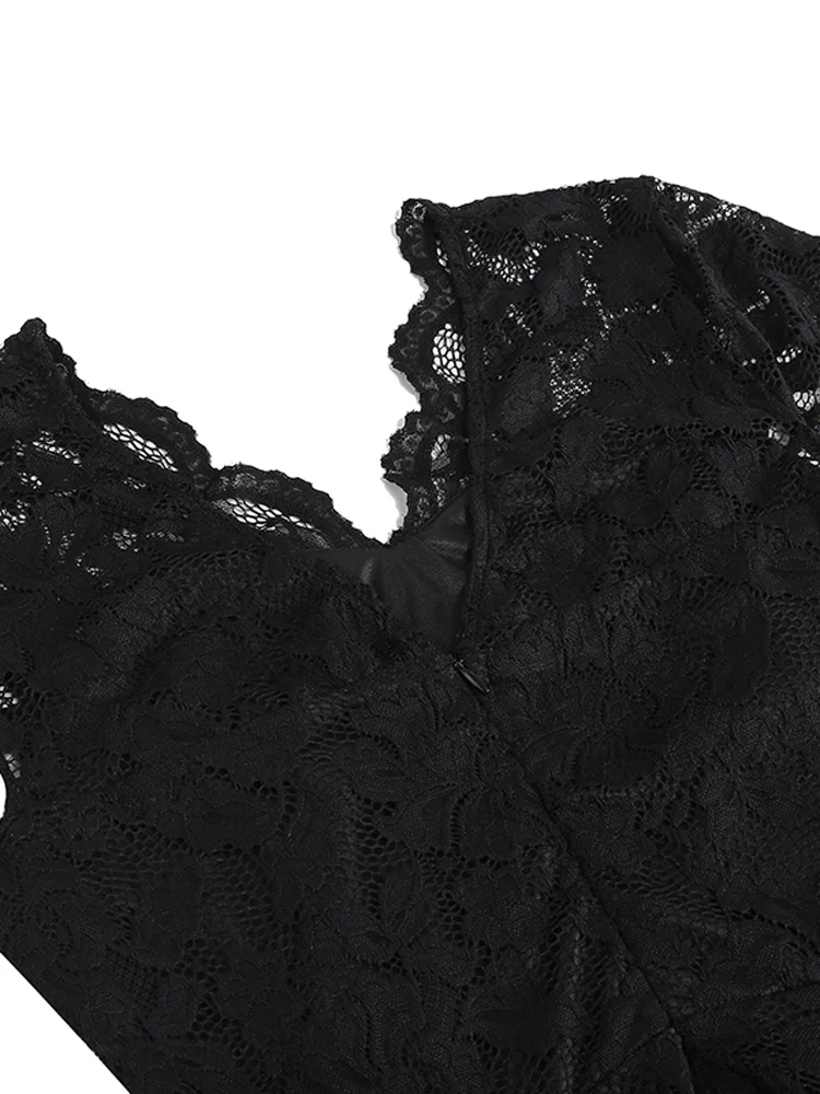 Tonval V-Neck Cap Sleeve Black Lace Elegant Dresses Women Vintage Style Clothes Formal Occasion Pleated Swing Dress
