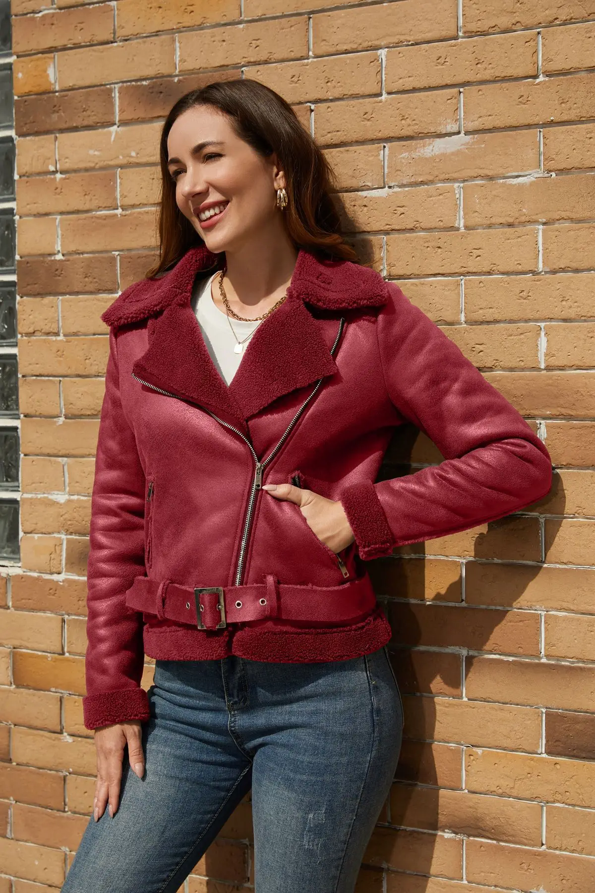 Leather Jacket Waistband Fashionable Plush Warm High Street Retro Turn Down Collar Coats Autumn Winter Cool Plus Size Outwear