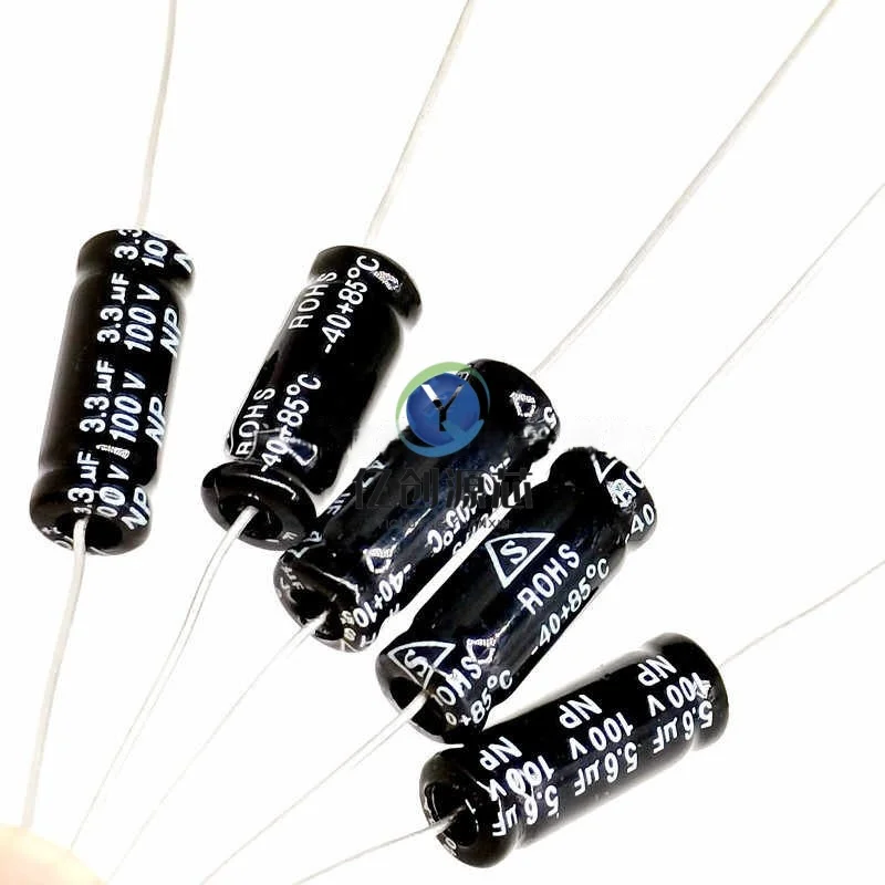 50pcs New original 2.2/3.3/4.7/6.8/10UF100V tweeter Infinity axial electrolytic frequency divider Horizontal capacitor black