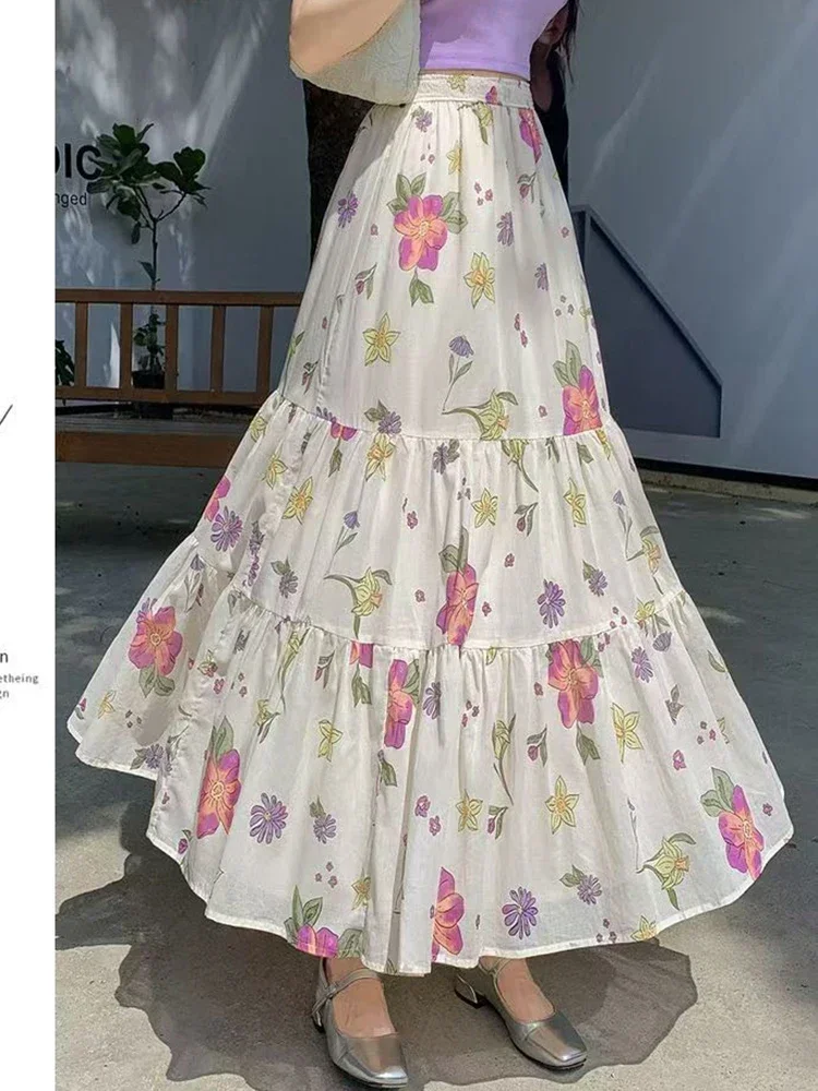 Falda larga Floral bohemia para mujer, faldas elegantes y dulces de cintura alta, faldas largas informales holgadas Vintage coreanas para mujer que combinan con todo
