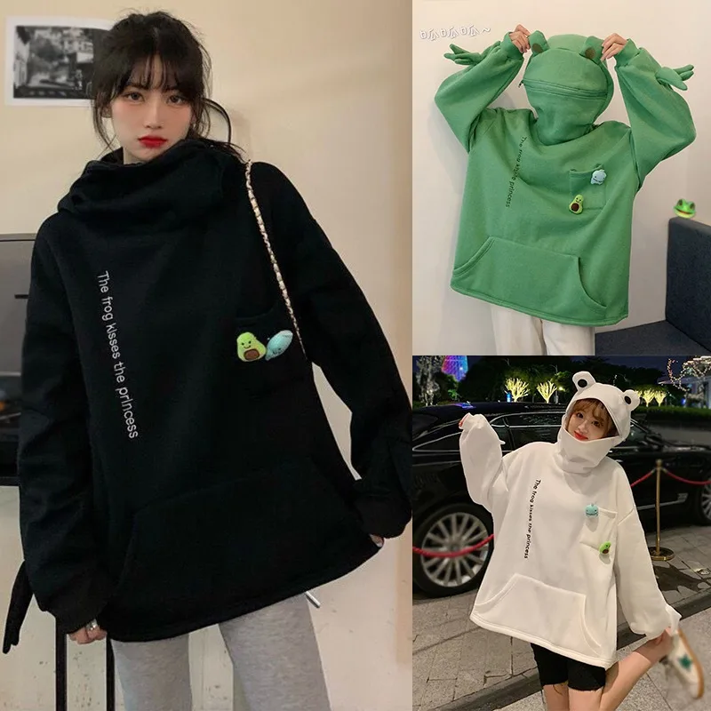 Sudaderas con capucha de ranas Kawaii para mujer, sudadera de manga larga negra y verde, ropa de calle estética coreana, ropa Vintage para parejas